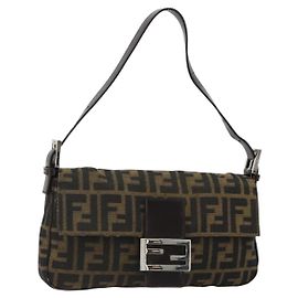 FENDI Zucca Canvas Mamma Baguette Shoulder Bag Black Brown Auth 184908SAM Brown Black