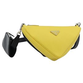 Bolsa de Ombro PRADA Triangle em Couro Preto e Amarelo Auth ka4743SM Preto Amarelo