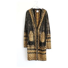 Chanel Cruise 2010 10C Gold Foil Strickjacke Mantel Schwarz Golden