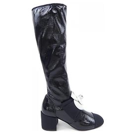 Chanel HIGH BOOTS Crumpled Shiny Fabric & Grosgrain Boots Black