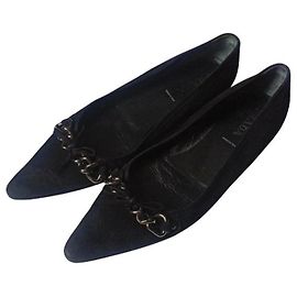 Prada Black Suede Chain Pointed Toe Flats Black