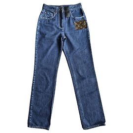 Louis Vuitton Calça Jeans Reta Monogram Patch Marrom Azul