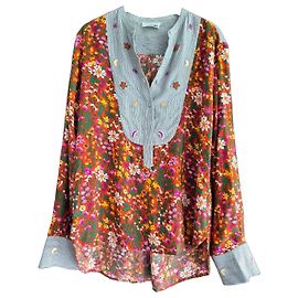 Autre Marque Blusa Monoki Stampa Floreale e Righe Boho Chic Rosa Bianco Rosso Blu Verde Grigio Giallo