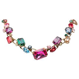 Colar choker Miu Miu em couro e strass banhado a ouro Dourado