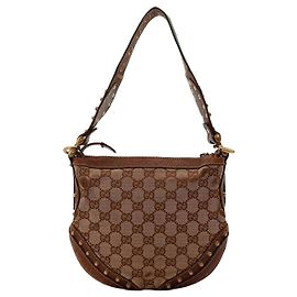 Gucci Borsa Hobo in Tela Monogram con Borchie Marrone
