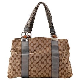 Gucci Borsa Shopper Monogram Canvas Bamboo Marrone Grigio