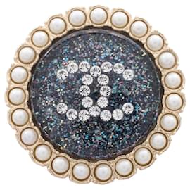 Chanel Coco Mark Glitter Brosche Weiß Blau Golden