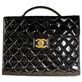 Chanel Quilted Patent Leather Top Handle Handbag Black