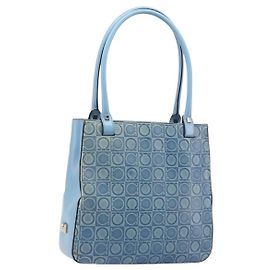 Salvatore Ferragamo Gancini Tote Bag Leather Blue Silver Auth 186850A Silvery Blue
