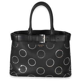 Bolsa Prada de fivela grande com tachas em couro de bezerro de grão macio preto com cinto Preto