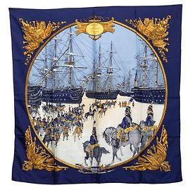 Hermès Lenço de seda Hermes Carre 90 MARINE ET CAVALERIE Azul