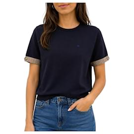 Burberry Navy Blue Knit Top with Nova Check Cuffs Dark blue