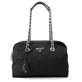 Borsa a Spalla con Catena Prada in Nylon Nero Nero