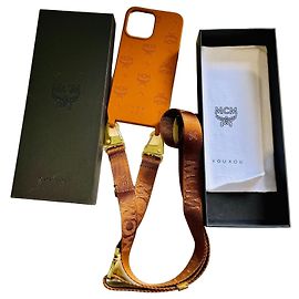 MCM Visetos iPhone 13 Pro Max Leather Case with Strap Brown