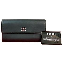 Chanel Coco Mark Clover Leather Long Wallet Black