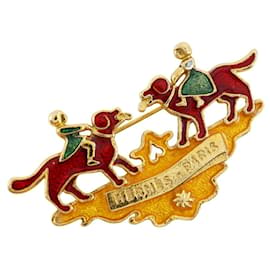 Hermès Hermes Cloisonne Girl & Dog Brooch Green