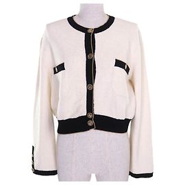 Chanel COCO Mark Button Cotton Terry Knit Cardigan Black White Golden