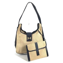 Hermès Bolsa Sacoche Vintage Hermes Bege Azul marinho