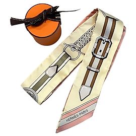 Hermès Lenço Twilly de seda Hermes Grand Tralala Rosa Bege