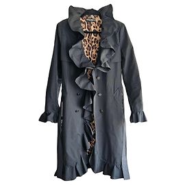 Dolce & Gabbana Ruffled Trench Coat with Leopard Lining Black Leopard print