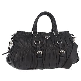 PRADA Gathered Hand Bag Lammfell 2way Schwarz Silber Auth 187035SAV Schwarz Silber