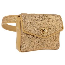 CHANEL Waist bag Satin Gold CC Auth 187614SAM Golden