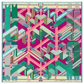 Sciarpa Carré Géant "SANGLES EN ZIGZAG" di Hermès in Cashmere e Seta, Verde x Viola Verde