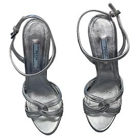 Prada Silver Metallic Leather Stiletto Ankle Strap Sandals Silvery