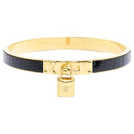 Hermès Bracelet Kelly Bangle Cuir Noir Métal Doré Noir Doré