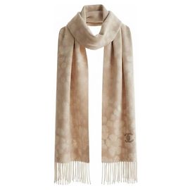 Chanel Cachecol estreito Camélia em lã e cashmere - Bege Bege
