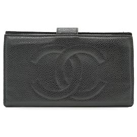 Chanel Vintage Black Leather CC Logo Long French Wallet Black