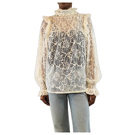 Saint Laurent Camicetta in pizzo bianca con collo alto e volant - taglia UK 8 Bianco