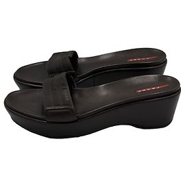 Prada Sport Brown Leather Platform Wedge Mules Brown