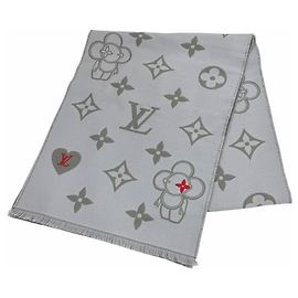 Châle à franges en laine et polyester gris Louis Vuitton Marron