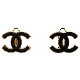 Brincos de pressão Chanel Black CC em esmalte e banhados a ouro Preto