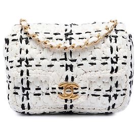 Chanel White CC Mini Raffia Effect Tweed Flap Weiß