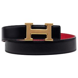 Hermès Black Epsom and Box Calf Constance H Reversible Belt Black