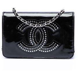 Chanel Black CC Patent Strass Embellished Wallet On Chain Black