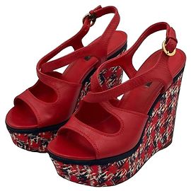 Louis Vuitton Sandali Zeppa in Pelle Rossa e Tweed Taglia 37 Bianco Rosso Blu navy