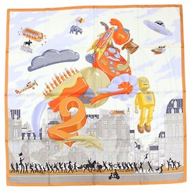 Hermès Lenço de seda Carre 90 Hermes Marrom Branco Laranja