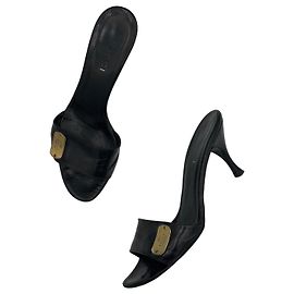 Gucci Black Leather Logo Plaque Mule Heels Black
