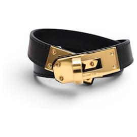 Hermès BRACCIALE HERMES KELLY DOUBLE TOUR H068438CC89T3 16CM CUIR NOIR DORE BANGLE Nero