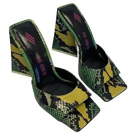 The Attico Sandales à talon bloc en cuir python vert et jaune Vert Imprimé python Jaune
