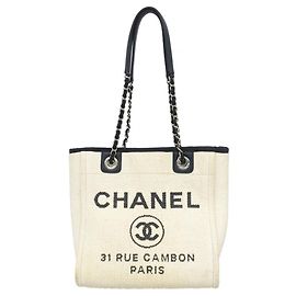Chanel Deauville Raphia Chain Tote Bag Weiß Marineblau