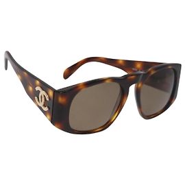 CHANEL COCO Mark Sunglasses Plastic Brown Gold CC Auth 185486 Brown Golden