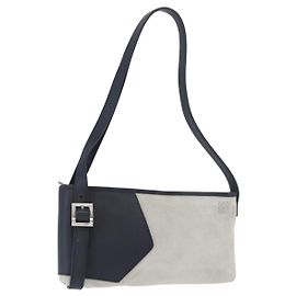 LOEWE Anagram Shoulder Bag Suede Leather Gray Silver Auth 187727A Brown Silvery