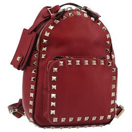 VALENTINO Studs Backpack Leather Red Gold Auth BA13290 Red Golden