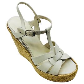 Sandales à plateforme compensée en espadrille Saint Laurent en cuir de veau blanc Blanc