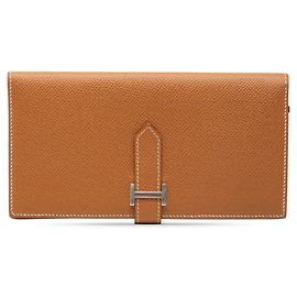 Hermès Hermes Bearn Soufflé Bi-fold Long Wallet Brown Silvery Cognac