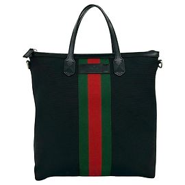 GUCCI Sherry Line Canvas Leather Handbag Black Red Green